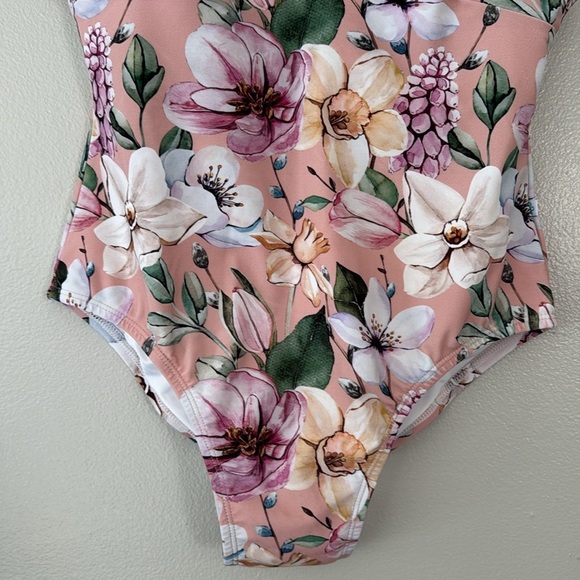 Posh Peanut Raina Tie Strap V Neck One Piece - Pink Floral - Picture 2 of 7